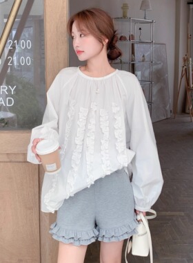 【新品】SERY灰色荷叶边收腰卫裤棉感短裤宽松高腰休闲显瘦Shorts