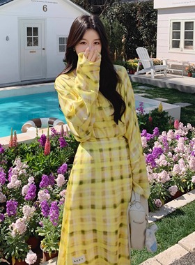 【新品】SERY黄色格纹印花套头圆领衬衣长袖夏格子衬衫韩系Shirt