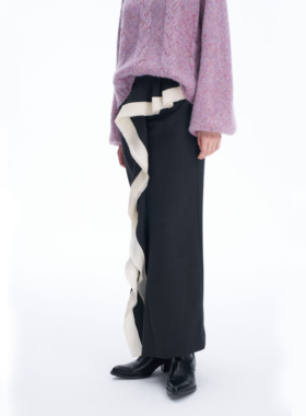 SERY深灰色羊毛荷叶边长半裙女长裙设计师款sery