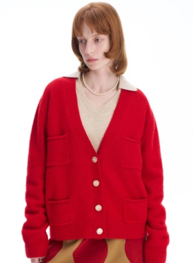 【新品】SERY全羊绒拉毛V领红色开衫节日氛围