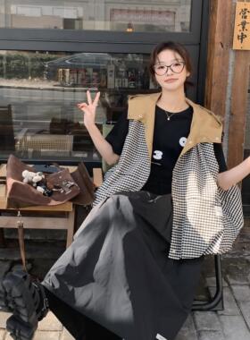 SERY 设计师款格纹花苞廓形马甲/收腰经典黑色长裙半裙