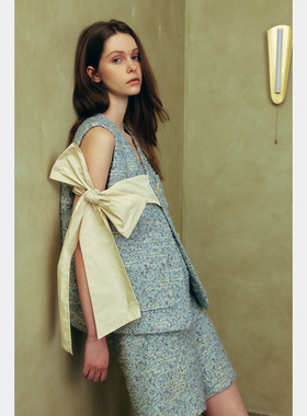 SERY 粗花呢小香风小V领蝴蝶结装饰百搭马甲 粗花呢中裤