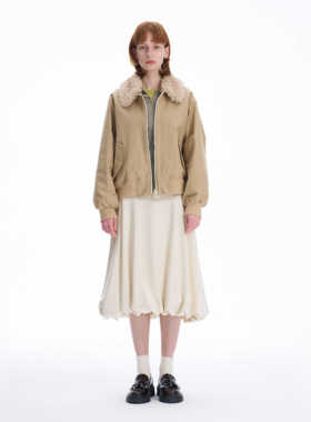 SERY羊毛领空军绗棉短外套/缎面长款橡筋腰半裙设计师款