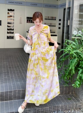 【新品】SERY紫色抽褶印花连衣裙迷笛短袖印花度假风气质Dress