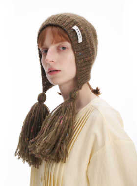 【新品】SERY军绿/浅灰色驼绒流苏帽针织帽女设计师款节日礼物