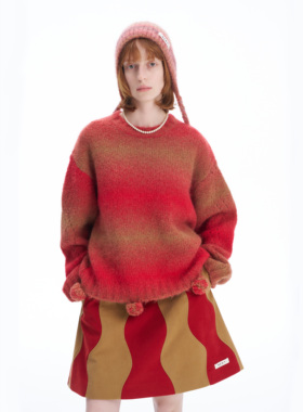 【新品】SERY红色驼绒渐变圆领毛衣毛球氛围感设计师款