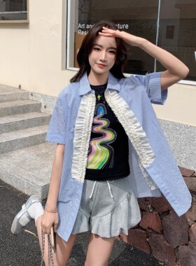 【新品】SERY灰色短款收腰花苞形卫裤纯色高腰松紧抽绳显瘦Shorts