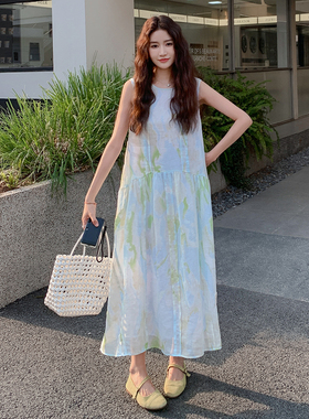 SERY麻感水彩印花廓形背心裙连衣裙绿色高级感无袖长裙Dress