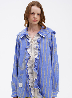 SERY原创设计蓝色条纹木耳花边设计感衬衣全棉外套Shirt