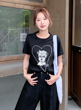 【新品】SERY黑色雪纳瑞小狗印花圆领短袖T恤衫手绘涂鸦印花Shirt