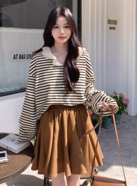 SERY短款百搭V领荷叶边针织黑白条纹上衣卫衣海军风Knitwear