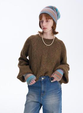 SERY新品军绿色圆领绞花灯笼袖短款毛衣 经典阔腿牛仔长裤