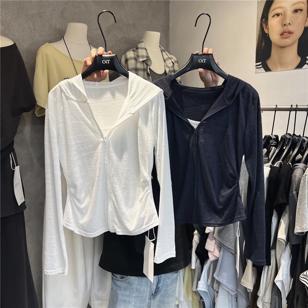 十三行女装 韩系风撞色假两件连帽套头长袖T恤女夏季百搭薄款上衣