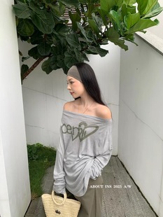 防晒罩衫 About 新款 ins设计感一字肩条纹长袖 斜肩上衣潮 t恤女秋季