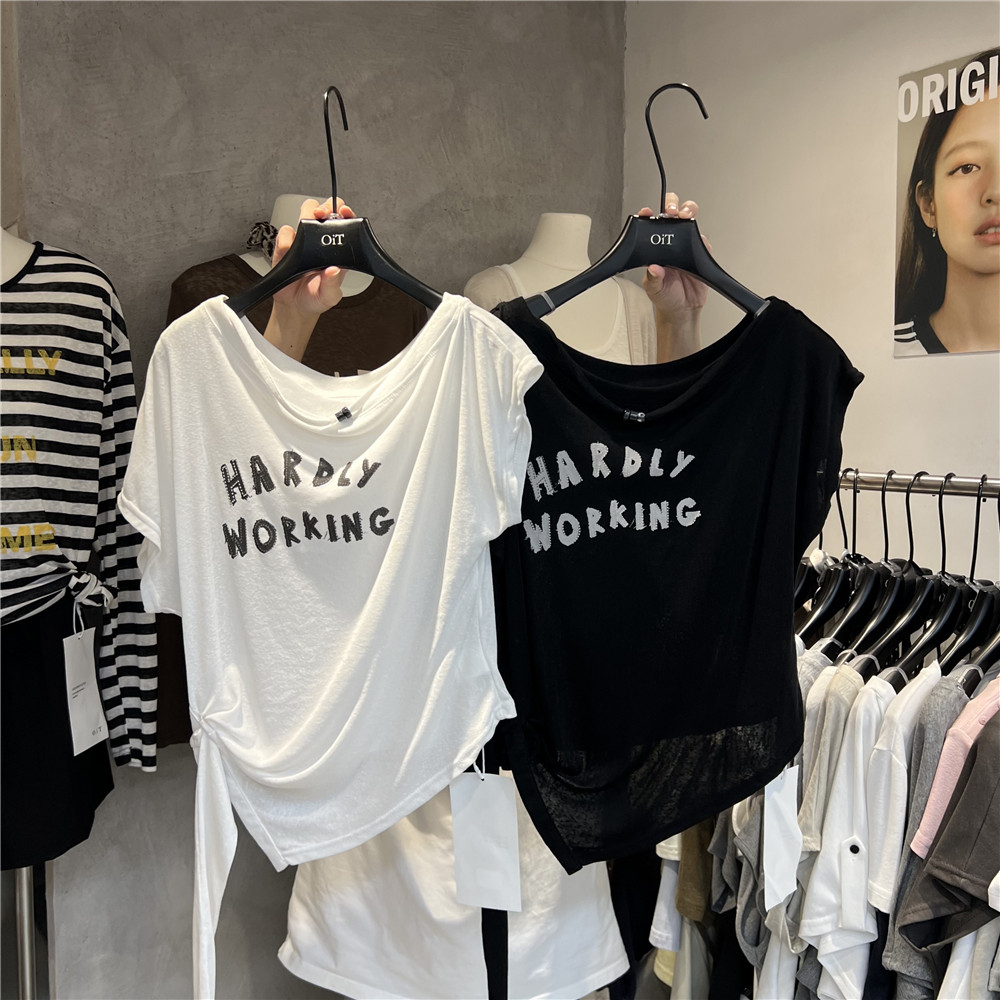 十三行女装 设计感绑带字母印花短袖T恤女夏季款休闲百搭减龄上衣