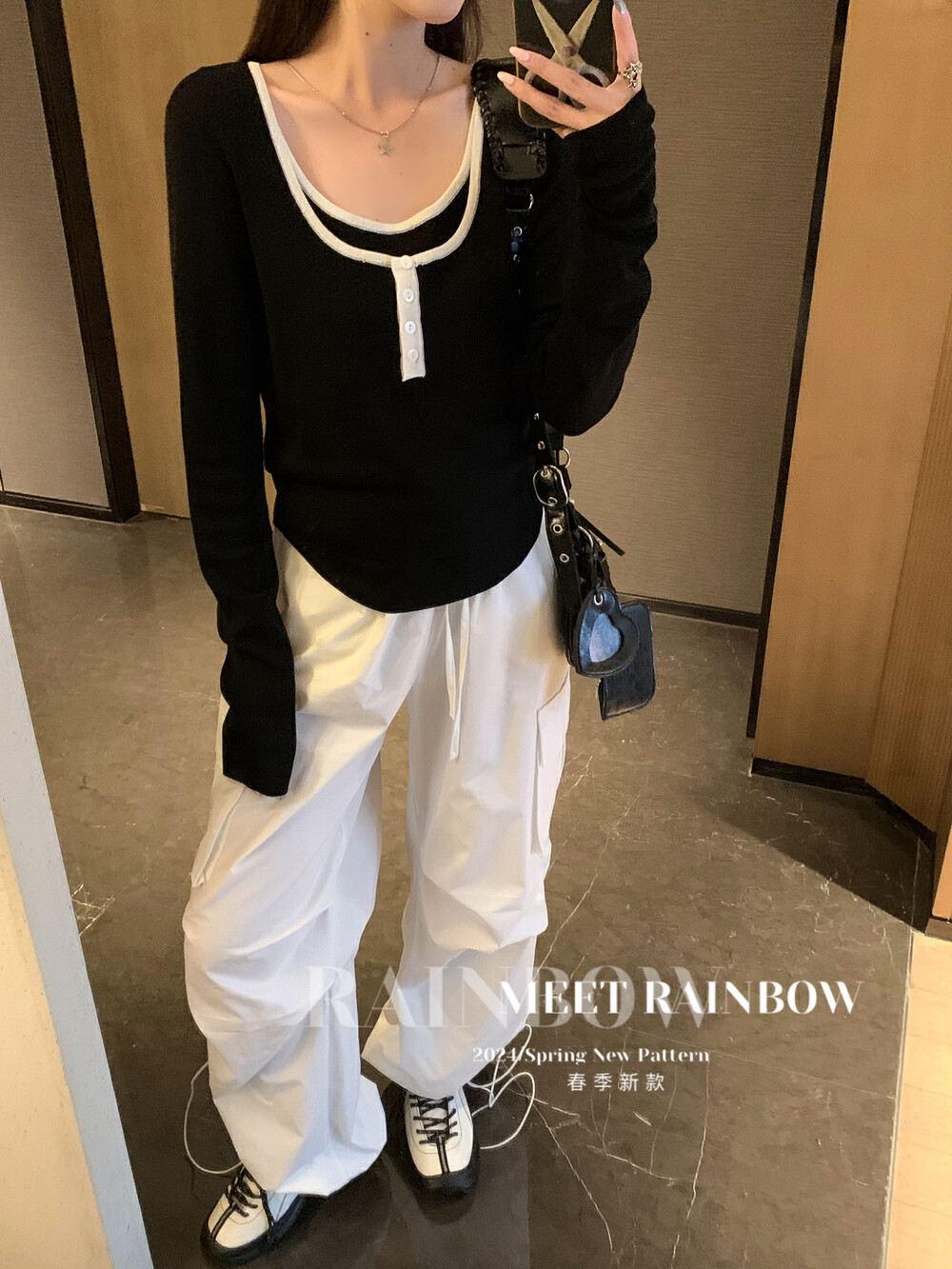 MEET RAINBOW设计感小众撞色方领针织衫女早春24新款修身显瘦上衣 女装/女士精品 T恤 原图主图