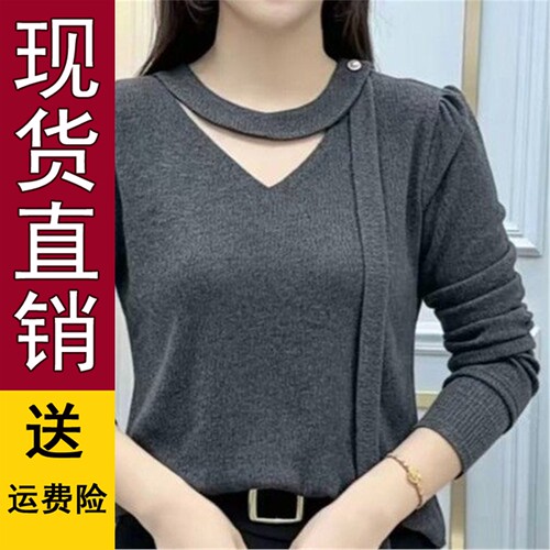 法式V领飘带设计感长袖T