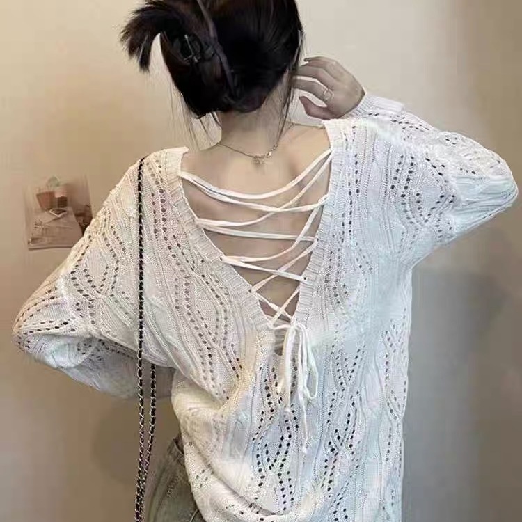 镂空抽绳绑带v领防晒针织衫女