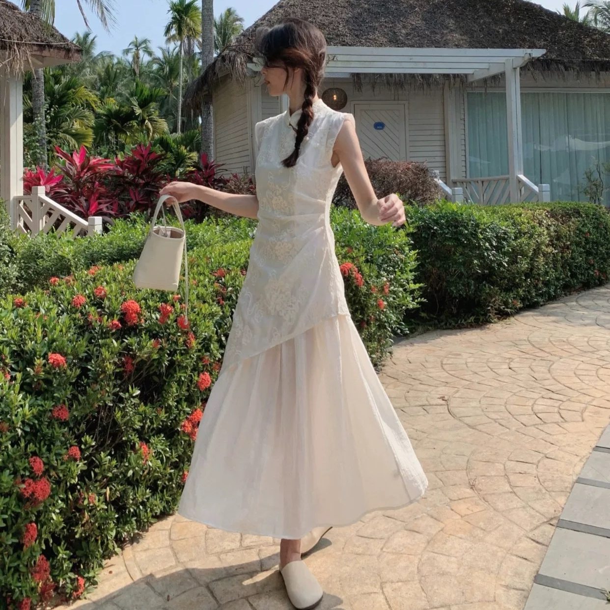 新中式改良刺绣收腰显瘦连衣裙