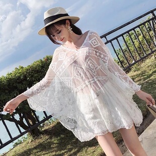 宽松套头防晒衣 中长款 海边沙滩度假蝙蝠袖 蕾丝镂空比基尼泳衣罩衫