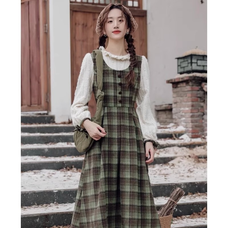学院风假两件绿色格子连衣裙子秋冬季女装2026新款小个子穿搭长裙