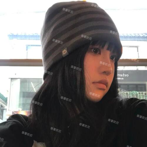 条纹针织毛线帽女冬季大头围