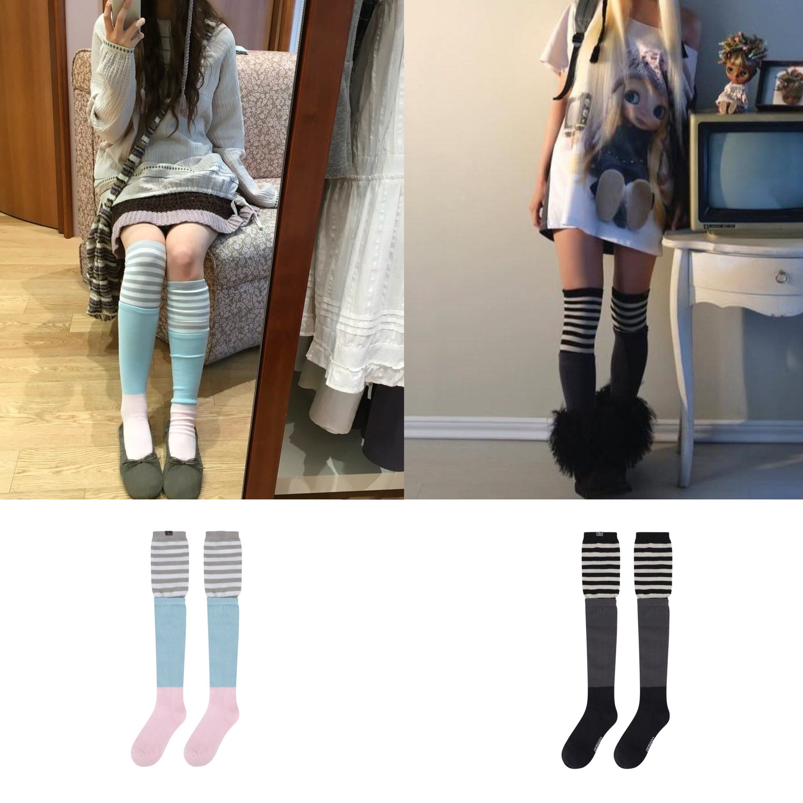 番薯欧尼自制coyseio黑白条纹可爱过膝长筒袜日韩系y2k女高筒袜子