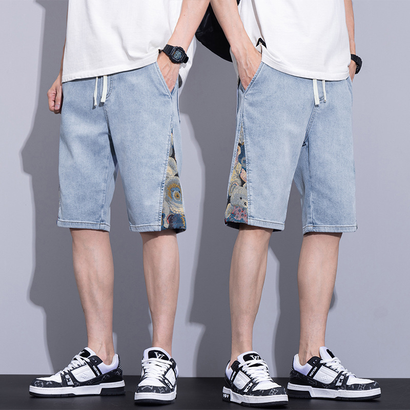 石狮市浪印户外男设计感花边拼接休闲短裤宽松透气水洗牛仔中裤子
