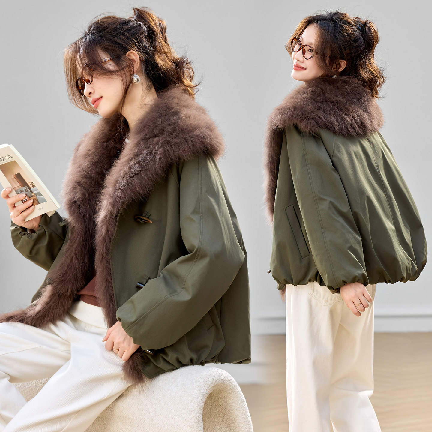 大毛领派克羽绒服女短款2025年冬季新款宽松牛角扣白鸭绒保暖外套