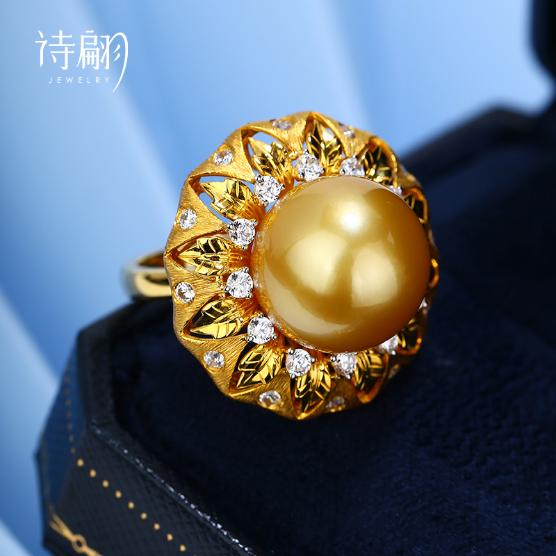 琦家诗翩珠宝 布契拉提风格极光南洋金珠黄金复古拉丝18k金戒指