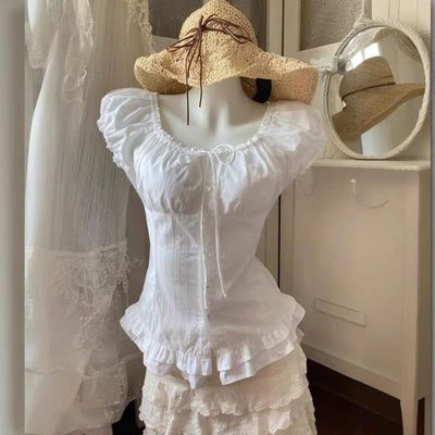 纯欲风白色方领泡泡袖衬衫女夏季绑带褶皱高级感洋气减龄百搭上衣