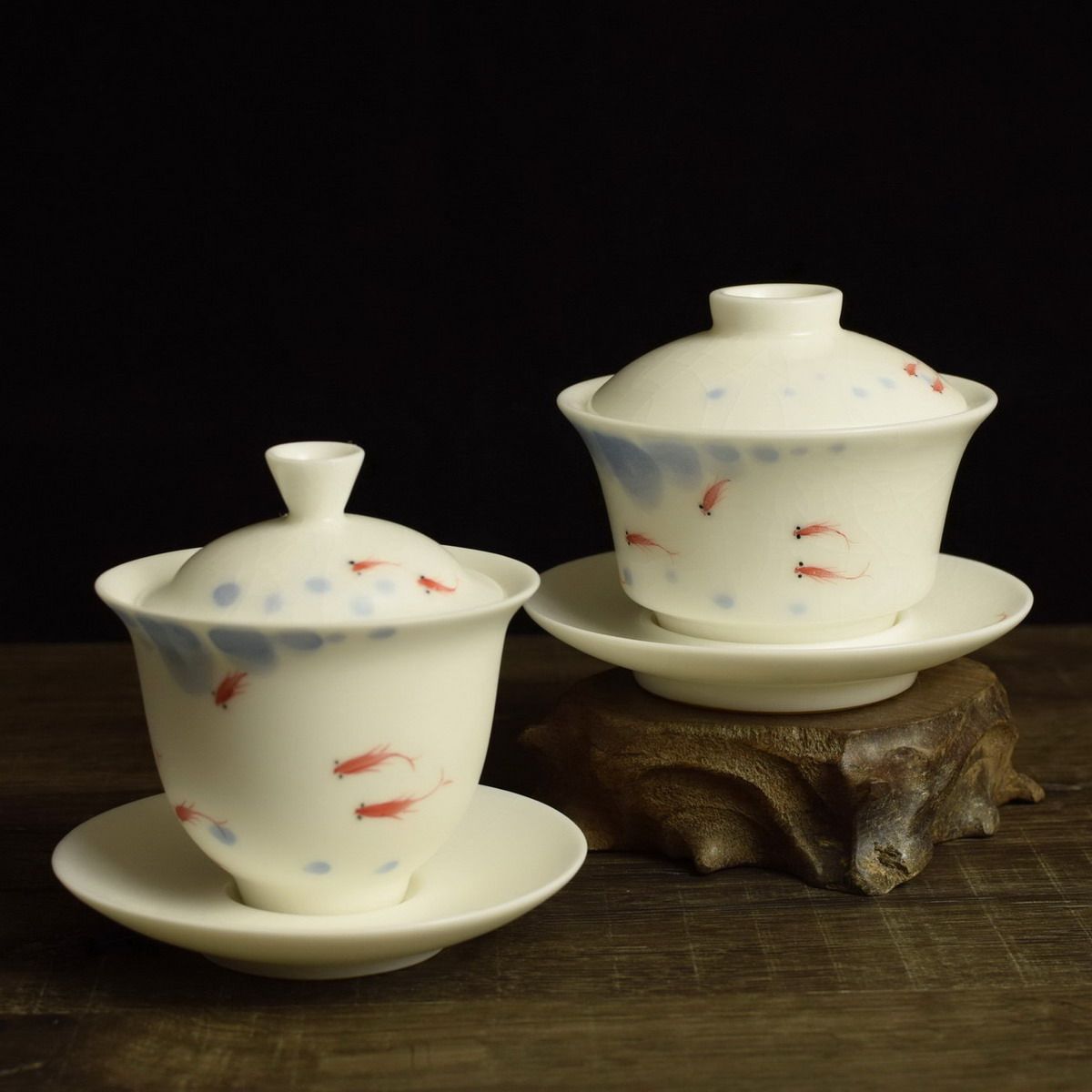 传统中国风汝窑三才盖碗茶杯手绘有鱼开片可养家用陶瓷功夫茶具