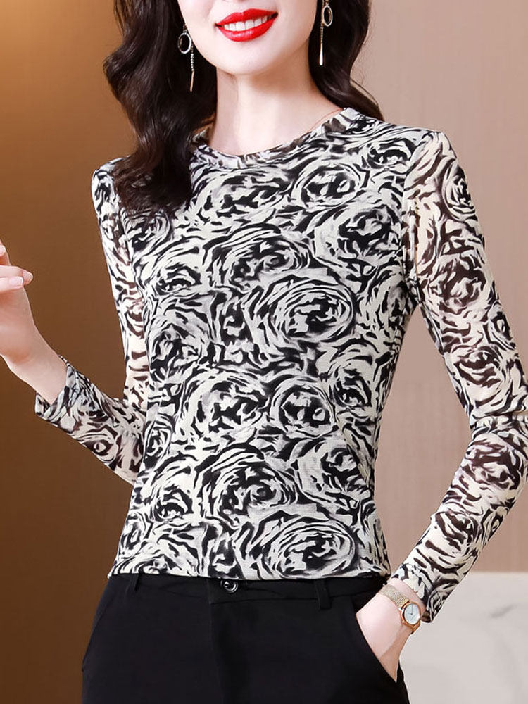봄 가을 여성을 위한 서양식 프린트 메쉬 바닥 셔츠 스타일리쉬하고 아름다운 작은 셔츠 엄마 상의와 함께 새로운 긴팔 티셔츠