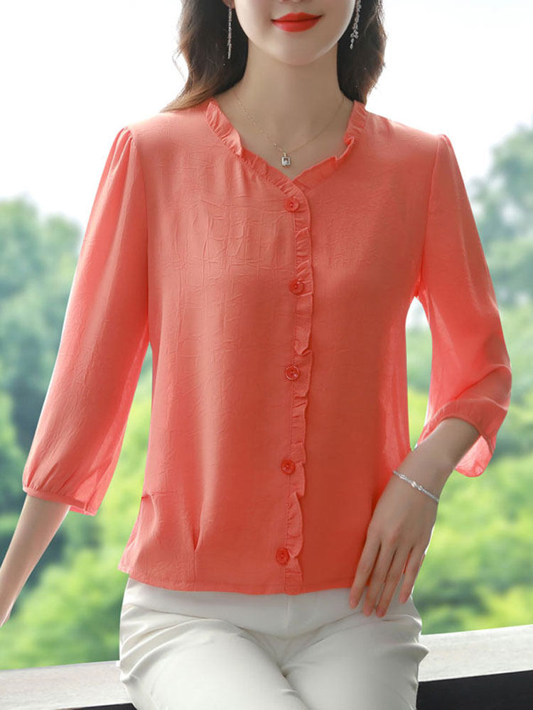 여성용 프렌치 브이넥 시폰 셔츠 7부 소매 봄 여름 루즈한 배 커버 패셔너블하고 아름다운 블라우스 어머니 스타일 상의