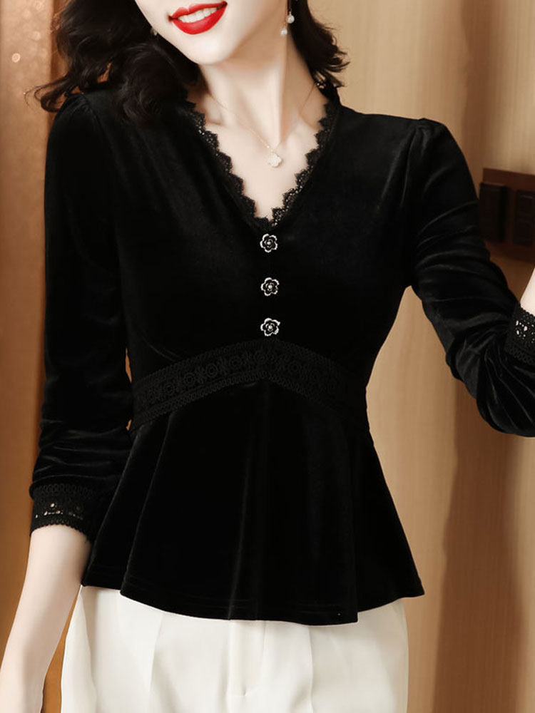 여성용 레이스 브이넥 밑단 셔츠 긴팔 가을 겨울 이너 디자인 틈새 기질이 있는 작은 셔츠 패셔너블한 골드 벨벳 탑