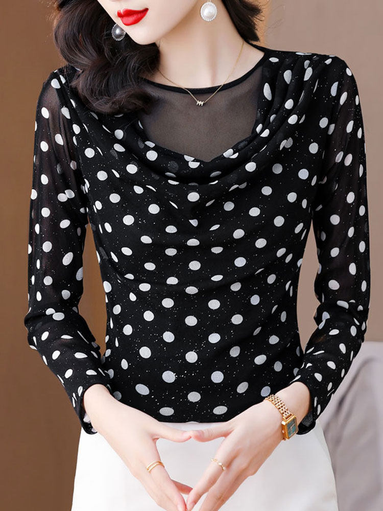 가을 겨울 슬리밍 플러스 벨벳 긴팔 티셔츠 엄마 패션 탑 여성용 더미 칼라 폴카 도트 메쉬 바닥 셔츠
