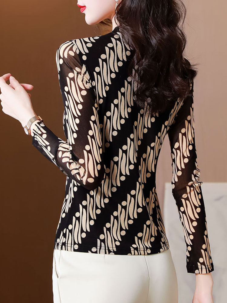 가을 겨울 여성용 패셔너블한 프린트 벨벳 두꺼운 바닥 셔츠 슬림한 메쉬 긴팔 티셔츠 패셔너블하고 아름다운 상의
