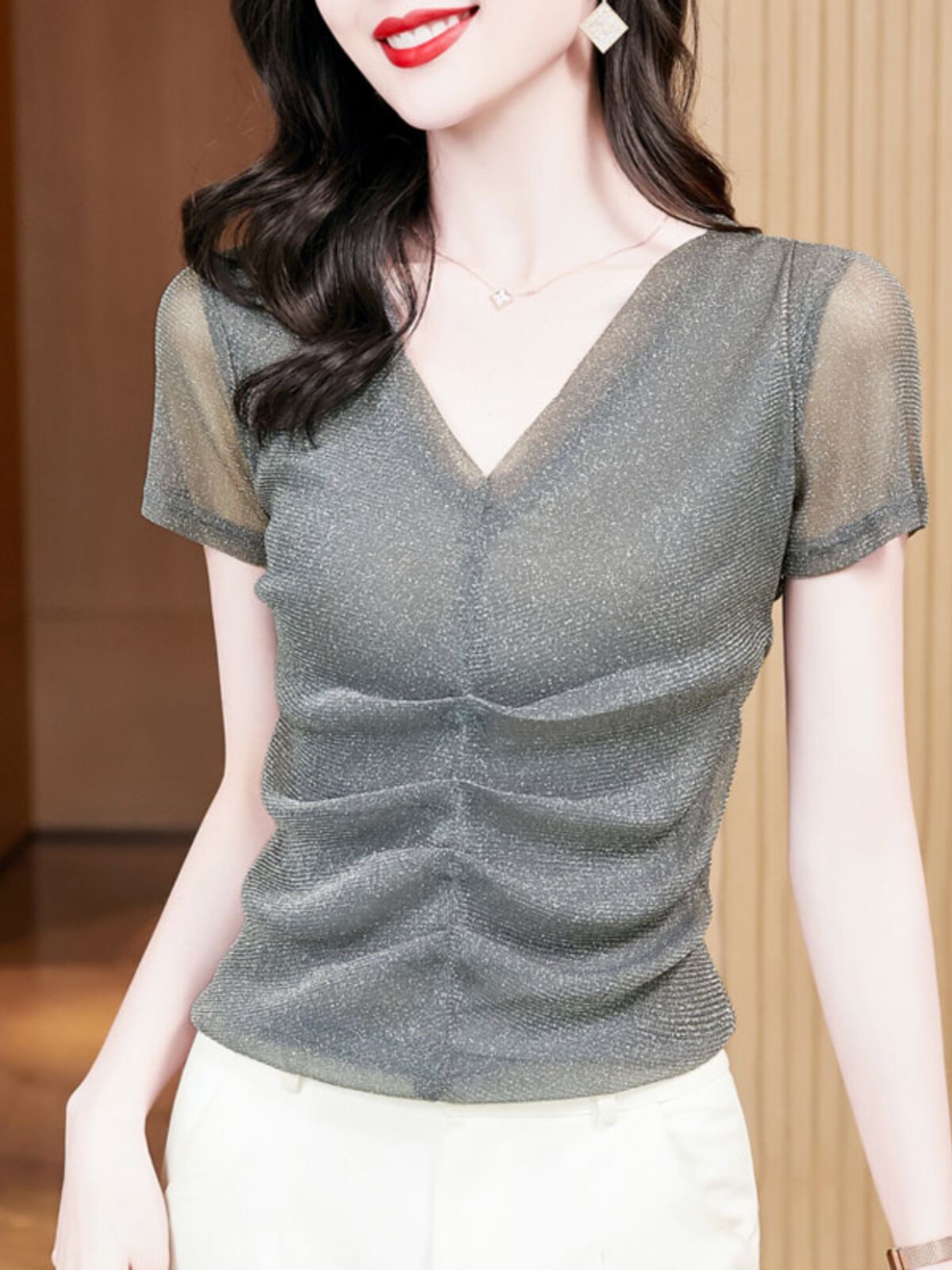 V 넥 반팔 티셔츠 여성 여름 신식 하이 엔드 슬리밍 허리 기질 노화 감소 셔츠 외국 스타일 메쉬 밝은 실크 탑