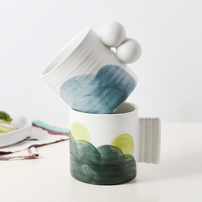 田园风纯手绘芬兰杯子个性釉下彩陶瓷马克杯异形手柄咖啡杯简约