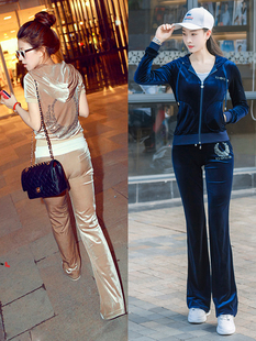 女休闲连帽运动服阔腿裤 天鹅金丝绒运动套装 两件套潮 韩版 2024春季