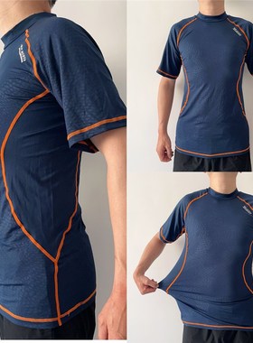 外贸日单男夏季速干运动短袖T恤高领薄款跑步健身器械半袖蓝色