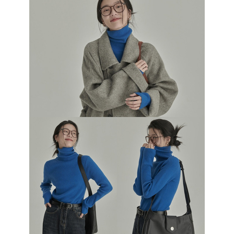 巨好看穿搭蓝色高领针织衫女秋冬