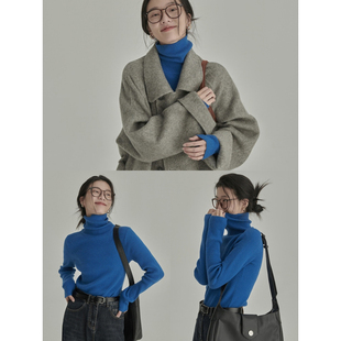 巨好看穿搭蓝色高领针织衫女秋冬韩系高级感修身亲肤内搭打底毛衣