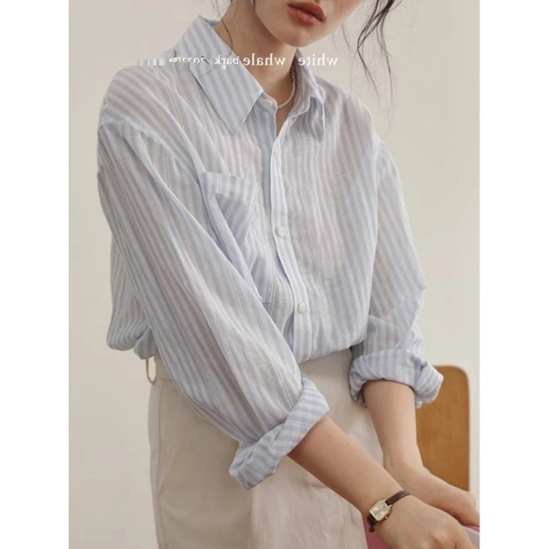 浅蓝色条纹薄款翻领长袖衬衫女春夏季高级感气质外搭防晒衬衣外套