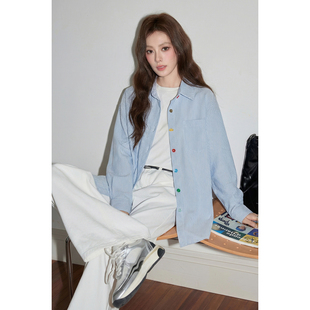 韩系温柔蓝色条纹衬衫女春季设计感休闲宽松垂感衬衣防晒长袖上衣