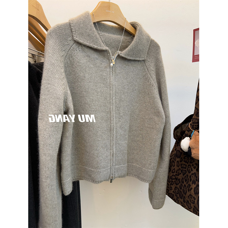 韩国灰色慵懒翻领毛衣外套女秋冬高级感软糯宽松保暖外搭针织开衫