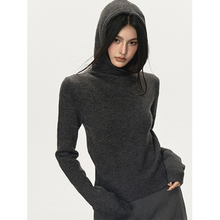 美式复古灰色连帽毛衣女秋冬软糯修身内搭休闲打底针织衫短款上衣