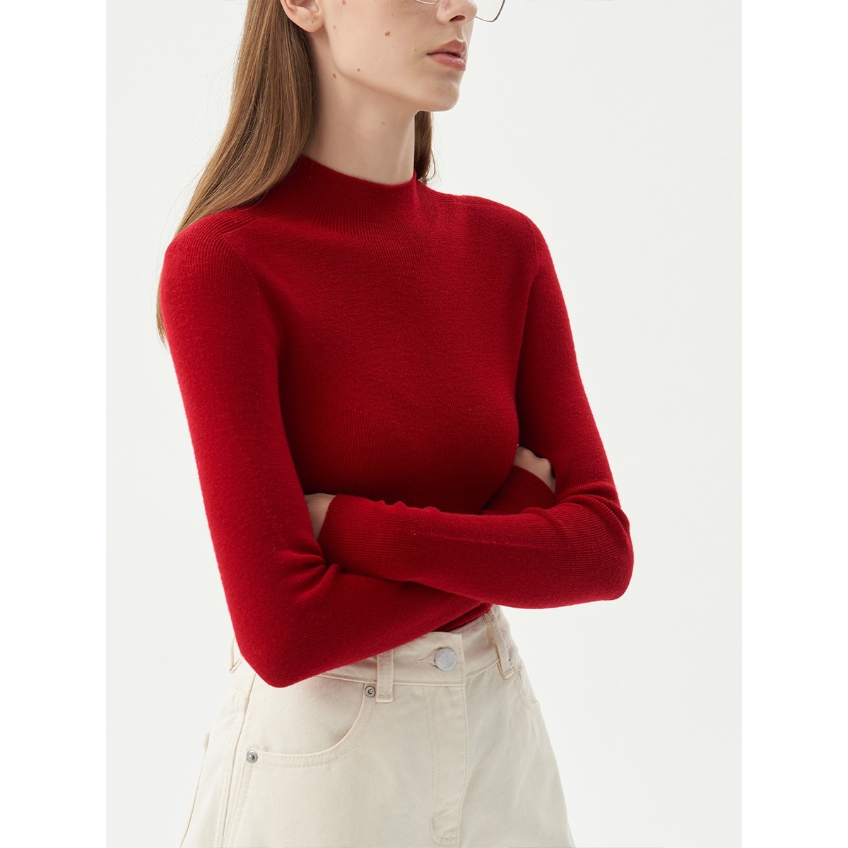 秋冬红色内搭针织打底衫女法式复古高级感修身亲肤保暖半高领毛衣