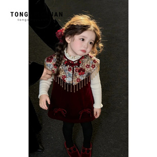 童星圆新款！新年款重工女童加绒新中式中国风丝绒旗袍裙子套装潮