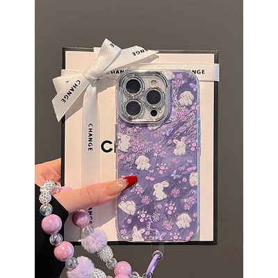 紫色碎花兔子适用华为mate70手机壳荣耀300保护套新女款nova13冰川纹pura70全包畅享70防摔x60/magic7/畅玩50